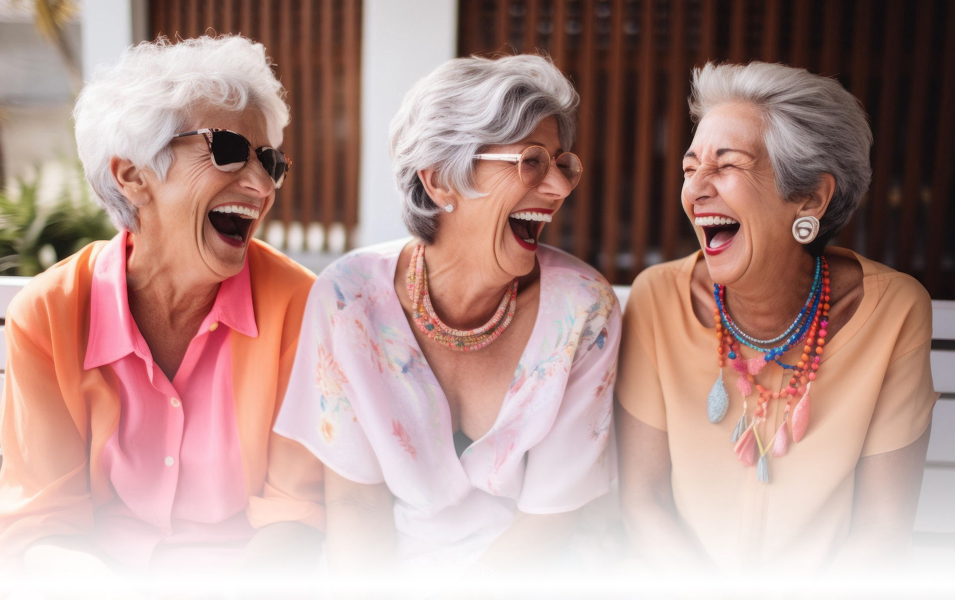 drei lachende ältere Frauen auf einer Bank