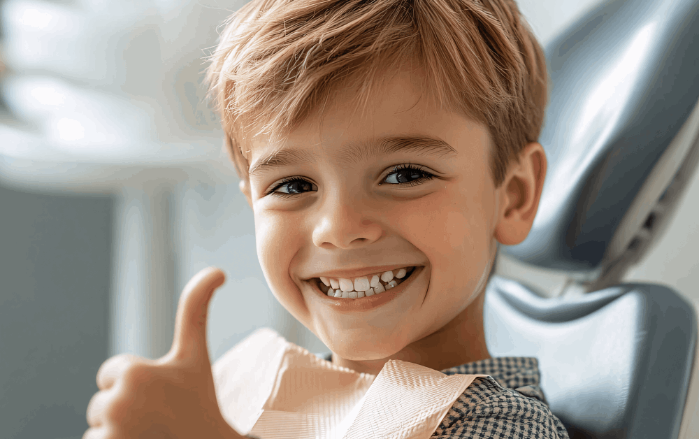 Jungenporträt auf Behandlungsstuhl mit Daumen hoch