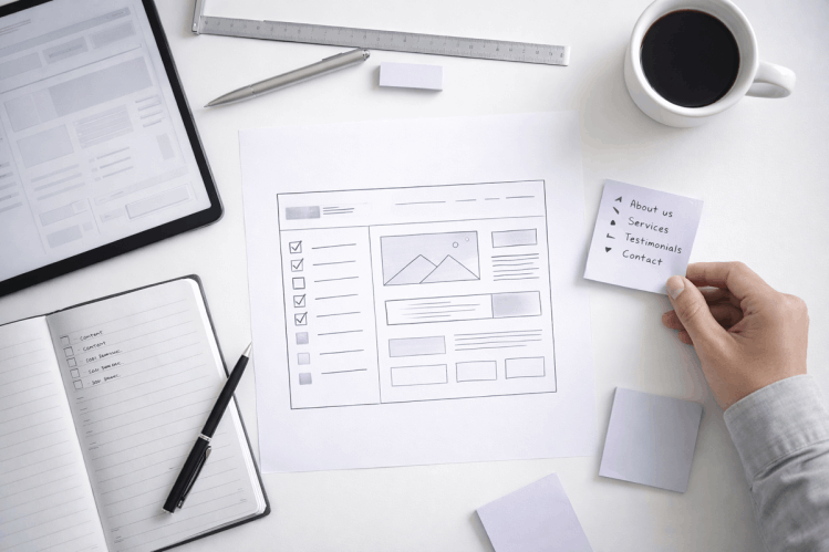 Blick von oben auf Ipad und schreibenden Händen